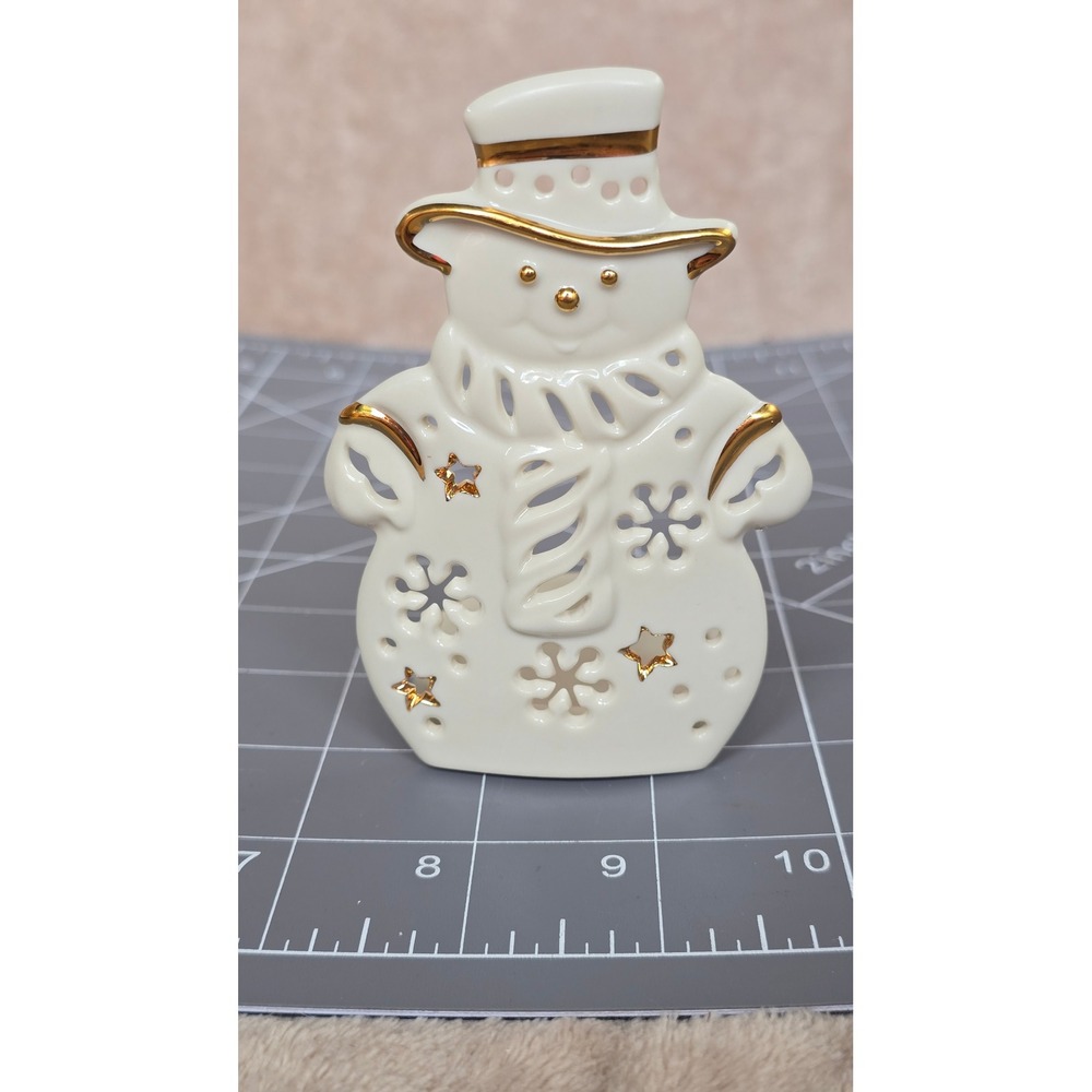 Lenox Ivory China Snowman Votive Tea Light Candle Holder Gold Trim Pierced Star